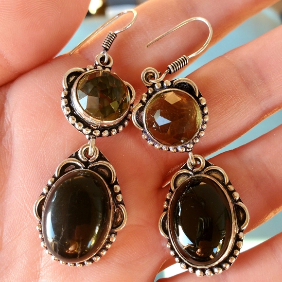 New Black Onyx and Peach Quartz Silver Earrings. - Picture 1 of 12